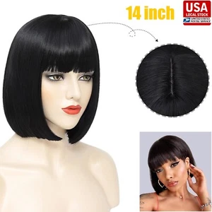 14" Short Black Wig Straight Bob Wigs Heat Resistant Synthetic Wig Daily Women - Picture 1 of 15