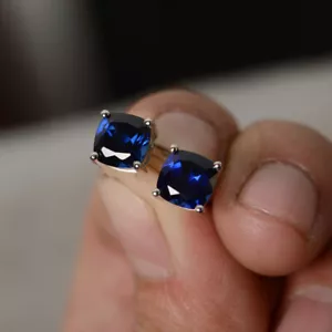 Lab Created Blue Sapphire Cushion 925 Solid Silver Women Designer Stud Earrings - Picture 1 of 5