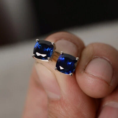 Lab Created Blue Sapphire Cushion 925 Solid Silver Women Designer Stud Earrings - Image 1 of 4