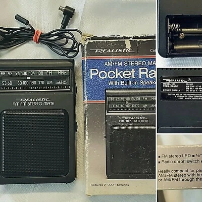 REALISTIC AM/FM STEREO POCKET RADIO 12-102 BOX AND FM ANTENNA -SPEAKER/HEADPHONE - Image 1 of 4