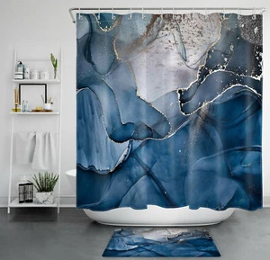 Abstract Art Modern Blue Marble Texture Shower Curtain Bathroom Accessories Set - Picture 1 of 15