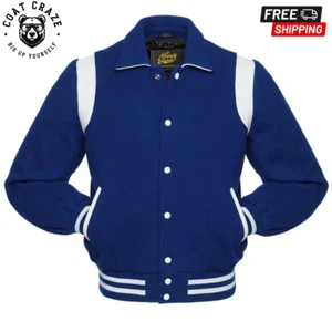 Premium Quality Men's Royal Wool/white Leather Varsity Jacket with White Trim - Picture 1 of 5