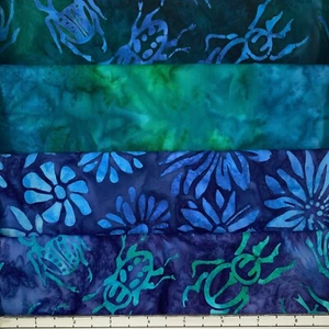 Lot of (4) 1 Yard Cuts 100% Cotton Quilting Batik Fabric Blue Green Bugs #759A - Picture 1 of 4