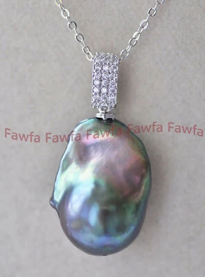 15x20 毫米天然孔雀黑色 Keshi 巴洛克珍珠吊坠项链 17 英寸链 — 第 1/4 张图片