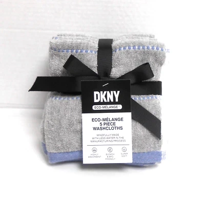 DKNY 5 paños de lavado grises adornos y rayas azules eco-mélange 13" x 13" Foto 1 de 3
