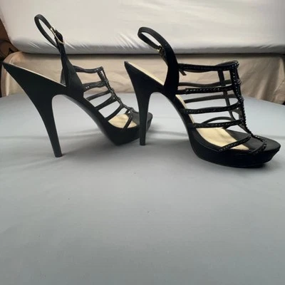 Adrianna Papell Boutique Black Rhinestone Strappy Heels | Size 10M Leather Sole - Image 1 of 4