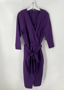 NWT New York & Company Purple 3/4 Sleeve Belted Faux Wrap Womens Dress Size L - Picture 1 of 6