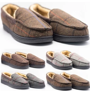 HERREN MOKASSINS WILDLEDER KARIERT WARM KUNST LAMMFELL WINTER HAUSSCHUHE FELL GEFÜTTERT SCHUHE - Bild 1 von 4