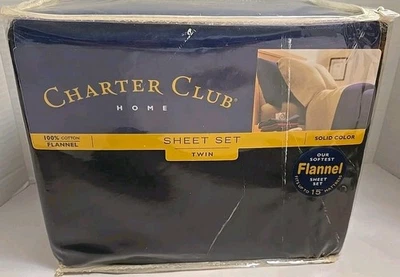 Conjunto de lençóis duplos Charter Club Home 3 peças flanela algodão azul marinho 2002 novo - Imagem 1 de 4