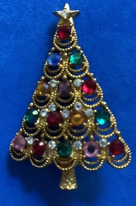 Vintage Beautiful Eisenberg Ice Christmas Tree Rhinestone Brooch Gold Tone 2” - Picture 1 of 4