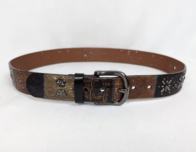 Y2K 90s Fossil sz M Leather Patchwork Panel Belt Metal Work Embellished Studdded — 第 1/4 张图片