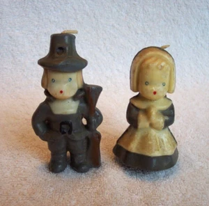 2 Vintage 3.25" Gray Thanksgiving Pilgrim Candles Never Burned See Pics - Picture 1 of 3