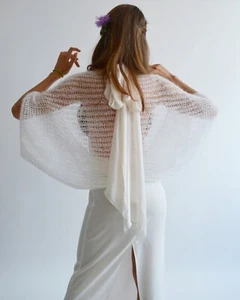 White mohair wedding wrap, Light bridal shawl, Wedding chic shrug, Cover up - Picture 1 of 10