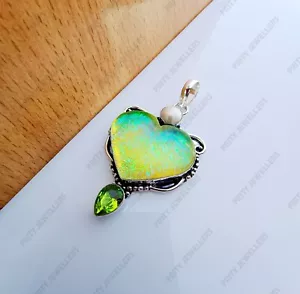Boulder Opal mit Perle und Peridot Edelstein Herzform Handarbeit Unic Anhänger - Bild 1 von 8