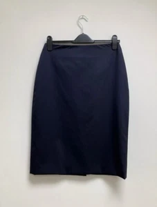 Jaeger Midi Skirt Size UK 10 Navy Virgin Wool Office Smart Career Rear Slit - Picture 1 of 8