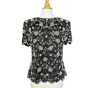 Vtg Laurence Kazar New York Evening Top Large Black Silver White  Beaded Sequin - Picture 1 of 18