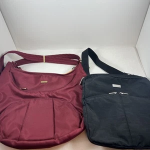 Lot 2 Travel Purse Bag Black BAGGALLINI +Travelon Anti-Theft Burgundy + Wristlet - Picture 1 of 18