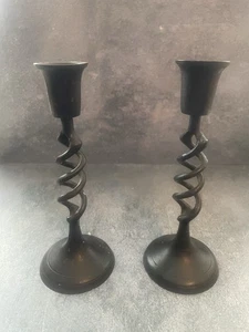 Pair Black Hand Forged Candlesticks Barley Twist Spiral Rustic Mid Century Pair - Picture 1 of 3