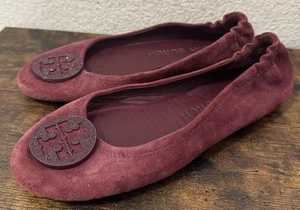 TORY BURCH MINNIE TRAVEL BALLET FLAT SUEDE LEATHER LOGO BERMUDA BLUE SZ US 9 - Picture 1 of 10