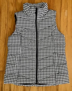 Lands' End Down Puffer Vest Women's Small Black White Houndstooth Mock Neck Zip - Picture 1 of 11