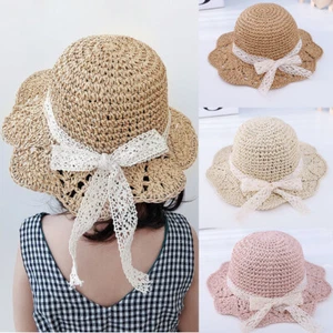 Summer Baby Girls Kids Straw Hat Toddler Lace Bowknot Beach Sun Hat Wide Brim - Picture 1 of 13