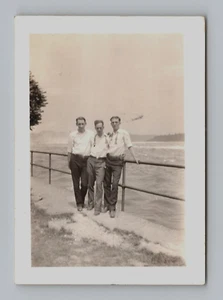 3 men by water vintage B/W photo amateur photograph 3.5 x 2.5 inch - Picture 1 of 2