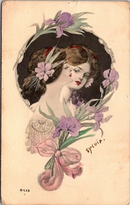 KÜNSTLERILLUSTRATION - 2 SCHÖNE FRAUEN IN BLUMEN - 1909 - ALTE POSTKARTE - Bild 1 von 2