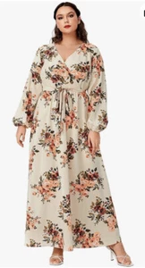Wdirara Plus 5X Large Floral Maxi Dress Beige Roses Multi Party Long Sleeve - Picture 1 of 14
