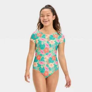 Girls' Tropical Vacay Floral Printed One Piece Rash Guard Swimsuit - art class L - Picture 1 of 2