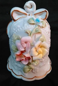 Vintage White Porcelain Bell 3D Pastel Flowers Gold Trim Embossed Leaves 4.5" - Picture 1 of 4