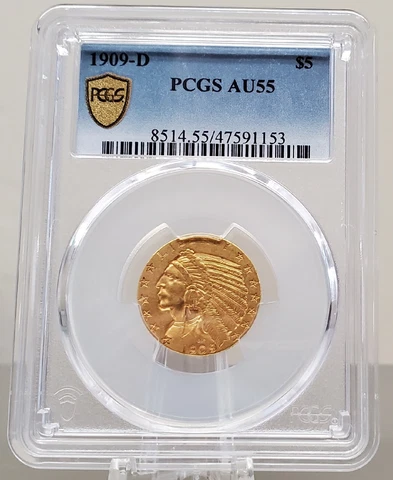 1909 D $5 Gold Indian Us Pre33 Coin PCGS CERTIFIED Au55 Cover