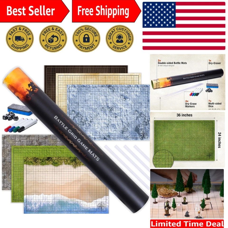 Battle Grid Mat 3x Double Sided Game Set 24x36 6 Terrains Tabletop Dry Erase Mar
