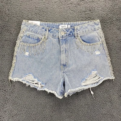 Shorts jeans Rue21 cintura média festival shortie jeans strass rasgado desgastado - Imagem 1 de 4