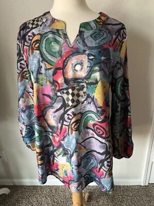 Artsy L V-Neck Colorful Abstract Print Silky Gathered Cuff Long Sleeve Tunic Top - Picture 1 of 10