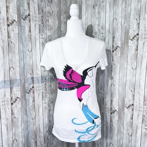 Kirra Short Sleeve Graphic Tee | White | V-Neck | Medium | Hummingbird | Y2K - Picture 1 of 9
