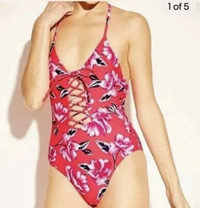 XHILARATION XS Adjustable PLUNGE BACK One-Piece Floral Swimsuit Pink/Red Lace-up - Picture 1 of 11
