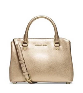 NEW Michael Kors Small Savannah Gold Black Saffiano Leather Satchel bag tote  - Picture 1 of 3