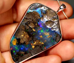 Australian Natural Queensland Solid Boulder Opal Silver 925 Pendant Hallmarked - Picture 1 of 8