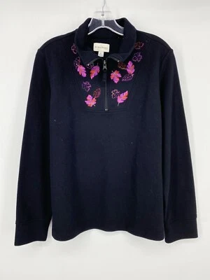 Studio Works Petite Size PL Jet Black Quarter Zip Embroidered Pullover NWT - Image 1 of 4