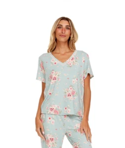 Flora Nikrooz Women's Sz M Nancy Short Sleeves V-Neck Floral Pajama Top Sage - Picture 1 of 6