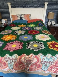 VTG Hand Crocheted GRANNY HEXAGON Afghan Throw Sofa Blanket 65” x 76” READ! - Picture 1 of 11