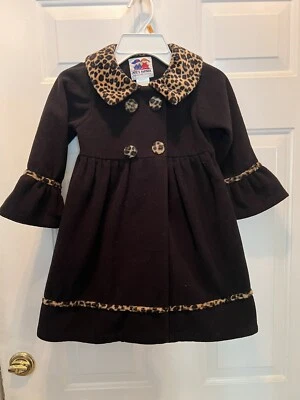 Abrigo de vestir de lana negro para niñas con cuello estampado de guepardo talla 5 Foto 1 de 3