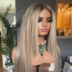 100% Human Hair Layered Cut Lace Front Wig Golden Blonde Ash Blonde Highlight - Picture 1 of 8