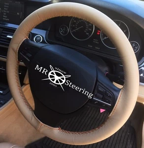 FITS MAZDA 2 MK3 BEIGE LEATHER STEERING WHEEL COVER 2007-14 ORANGE DOUBLE STITCH - Picture 1 of 3