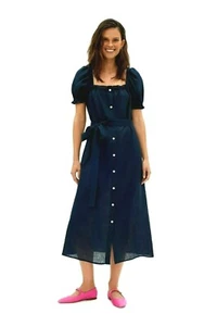 Sleeper Womens Brigitte Linen Midi Dress With Belt XS Blue - Picture 1 of 11