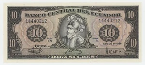 Ecuador 10 Sucres 29-4-1986 Pick 121 UNC Uncirculated Banknote Serie LN Sign 5 - Picture 1 of 2