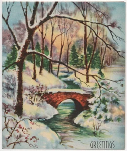 Tarjeta de felicitación de Navidad plegada francesa bosque puente arroyo mediados de siglo vintage - Imagen 1 de 3