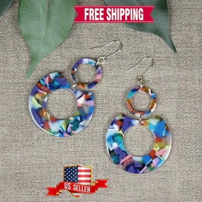 Lightweight Vibrant Multi Color Acrylic Boho Hoop Statement Earrings 18K Wires - Image 1 of 4