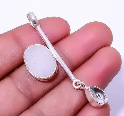 White Agate Drusy & White Topaz Gemstone 925 Sterling Silver Pendant 2.34" A368 - Image 1 of 4
