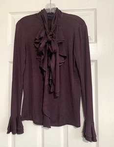 Ralph Lauren Blue Label Top Womens M Maroon Silk Ruffle Tie Long Sleeve - Picture 1 of 10